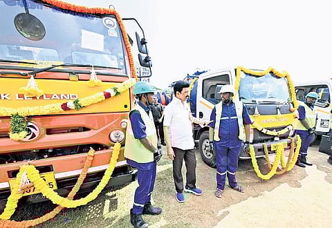 Stalin flagging off 100 jet 
rodding trucks for sanitary workers attached to Chennai Metro Water Supply & Sewerage Board