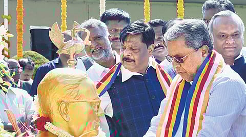 Chief Minister Siddaramaiah garlands a statue of Dr BR Ambedkar on the occasion of the latter’s Mahaparinirvan Diwas at Vidhana Soudha on Friday.