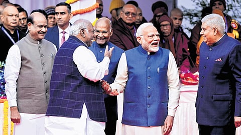 V-P Jagdeep Dhankhar, PM Narendra Modi, former president Ram Nath Kovind, LS Speaker Om Birla and LoP in RS Mallikarjun Kharge in Parliament on Friday.