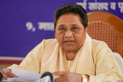 Bahujan Samaj Party (BSP) chief Mayawati addresses a press conference at her residence, in Lucknow, Saturday, Dec. 7, 2024. 