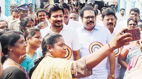 Women taking selfie with Deputy CM Udhayanidhi Stalin in Vellore