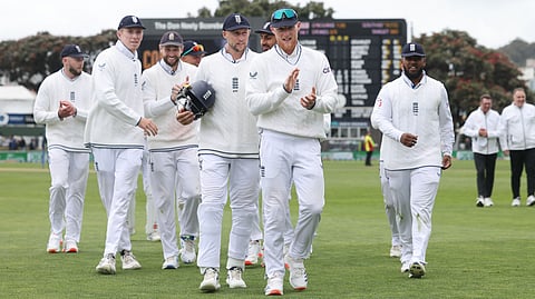 England's captain Ben Stokes leads his team from the field after their match and series win during day three of the second Cricket Test match between New Zealand and England at Basin Reserve in Wellington.