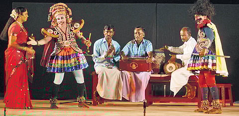 Therukoothu artistes performing at Natya Parampara Festival in Kancheepuram; (inset) Kalavai Kumarasamy Thambirar.
