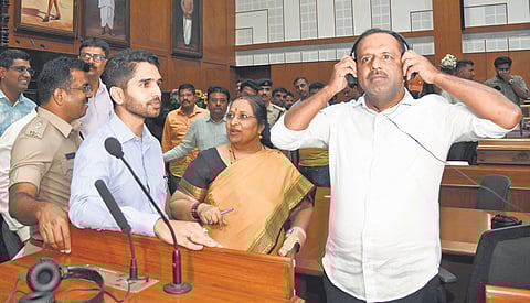 Speaker UT Khader inspects the Assembly Hall in Suvarna Vidhana Soudha on the eve of the winter session of legislature, in Belagavi on Sunday