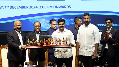 IT minister Nara Lokesh, L&T CMD Sekharipuram Narayanan Subrahmanyan, Grandhi Mallikarjuna Rao, Chairperson of GMR Group, Visakhaptanam MP M Sribharat at the Andhra University Alumni Meet 2024 held in Visakhaptanam on Saturday. 