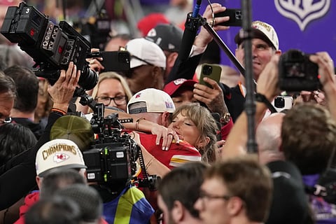 Taylor Swift embraces Kansas City Chiefs tight end Travis Kelce after the NFL Super Bowl 58 Football game against the San Francisco 49 ers on Feb 11, 2024, in Las Vegas.