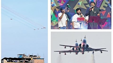 (clockwise from left) People watch the air show from their terrace; Singer Rahul Sipligunj performs during the Praja Palana Vijayostavalu; Surya Kiran Aerobatic team performs manoeuvres 
