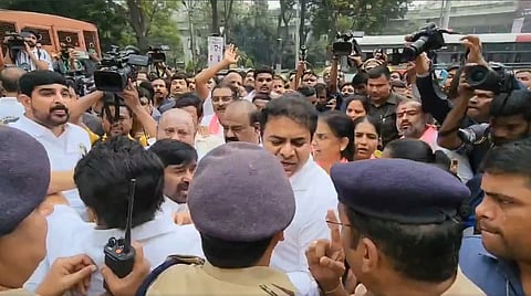 BRS MLAs protesting outside Telangana Assembly.