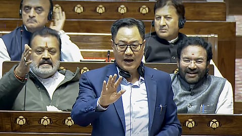 Union Minister Kiren Rijiju speaks in the Rajya Sabha during the Winter session of Parliament, in New Delhi.