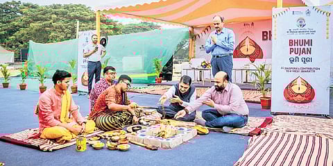 Principal secretary, Industries Hemant Sharma along with others performing the Bhoomi Pujan at Janata Maidan in Bhubaneswar on Monday