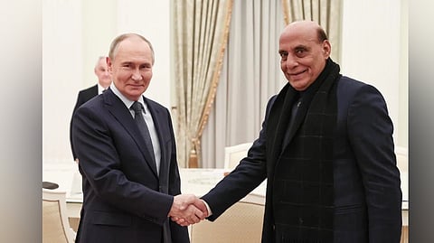 Defence Minister Rajnath Singh meets Russian President Mr Vladimir Putin on the sidelines of the 21st IRIGC-M&MTC meeting in Moscow on Tuesday, Dec. 12, 2024.