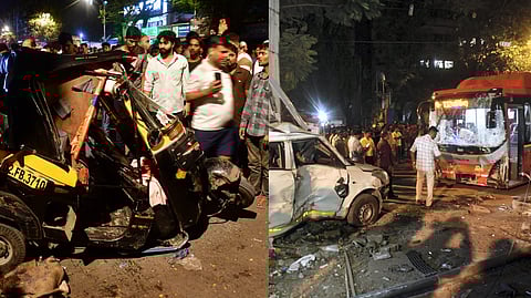 People gather near the wreckage of vehicles after a Brihanmumbai Electric Supply and Transport (BEST) undertaking's bus rammed into pedestrians as well as vehicles on a road at Kurla, in Mumbai, Monday.