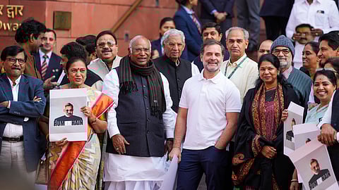 Opposition leaders in protest demanding discussion on Adani Us indictment in Parliament