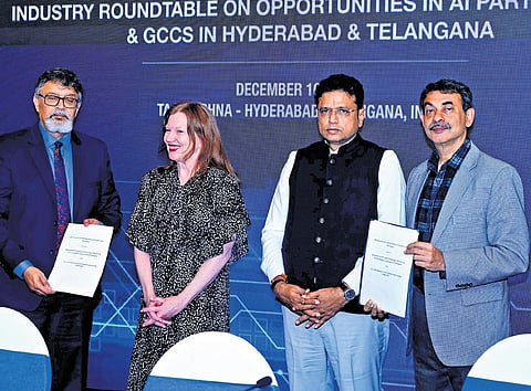 Minister D Sridhar Babu signs a trade partnership agreement with the USIBC and Telangana in the presence of US Consul General Jennifer Larson on Tuesday