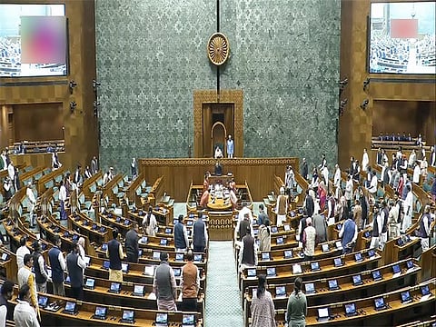 Congress President and LoP in the Rajya Sabha Mallikarjun Kharge with LoP in the Lok Sabha and party MP Rahul Gandhi, party MPs Priyanka Gandhi Vadraand others at a protest over the deportation of Indian immigrants from the US, at Parliament House complex during the Budget session.