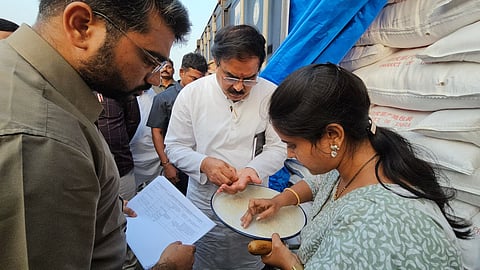 Civil supplies minister Nadendla Manohar inspects Visakhapatnam container terminal on Monday.