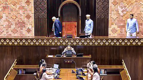 Rajya Sabha Chairman Jagdeep Dhankhar leaves after adjourning the House during the Winter session of Parliament, in New Delhi.