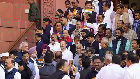 LoP in the Lok Sabha and Congress MP Rahul Gandhi with party MPs Jairam Ramesh, Sukhdeo Bhagat, DMK MP TR Baalu, and other opposition MPs stage a demonstration urging the ruling party to ensure that the House functions and all issues, including the Adani matter, is discussed, during the Winter session of Parliament, in New Delhi.