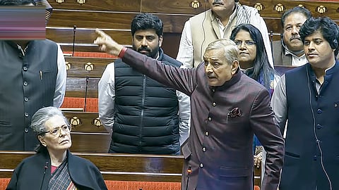 Congress MP Pramod Tiwari speaks in the Rajya Sabha during the Winter session of Parliament, in New Delhi