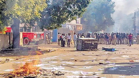 A structure set on fire during protests over alleged vandalising of a replica of the Indian Constitution, in Parbhani, Maharashtra on Wednesday