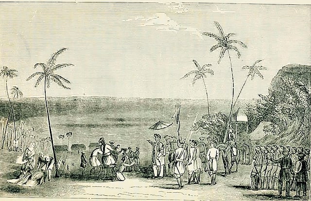 The merchants of Calicut seized and chained to a barren rock, by the order of Tipu Sultan.
