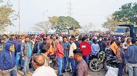 Contractual workers staging protest outside PPL on Thursday.
