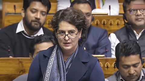 Congress MP Priyanka Gandhi Vadra speaks in the Lok Sabha during a discussion on 75th anniversary of the adoption of the Indian Constitution at the Winter session of Parliament, in New Delhi