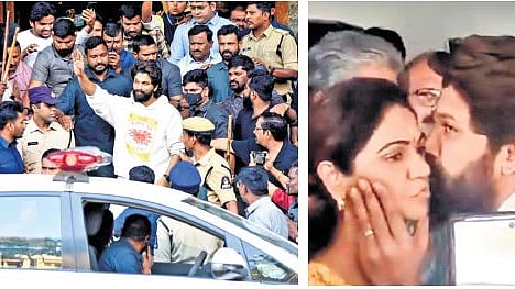 Actor Allu Arjun waves to fans after emerging from the Gandhi Hospital where he was taken by the police for a medical examination following his arrest, on Friday. Arjun, right, consoles his wife moments before being taken into custody by the police in Hyderabad.