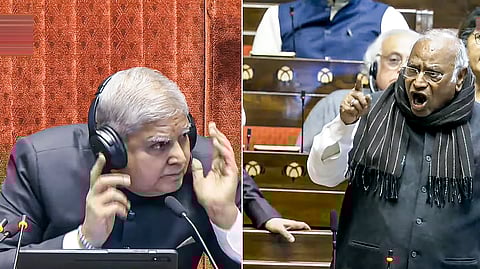 Rajya Sabha Chairman Jagdeep Dhankhar conducts proceedings as LoP Mallikarjun Kharge speaks in the House during the Winter session of Parliament, in New Delhi.