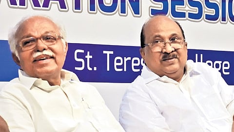 Prof P J Kurien, former Union minister and Rajya Sabha chairman and K V Thomas at the inaugural function of the one-day pre-budget preparation session held at St Teresa’s College 
on Friday.