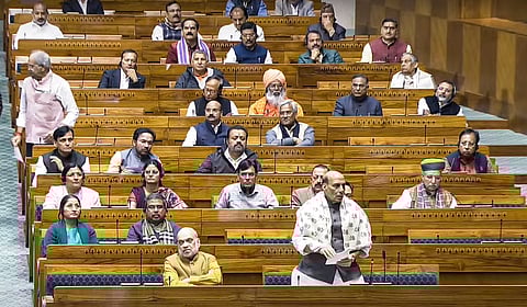 Rajya Sabha Chairman Jagdeep Dhankhar conducts proceedings as LoP Mallikarjun Kharge speaks in the House during the Winter session of Parliament, in New Delhi.