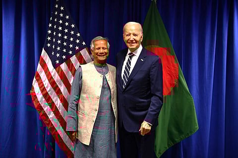 US President Joe Biden (R) seen meeting Muhammad Yunus (L), Chief Adviser of Bangladesh's interim government, in New York on September 25, 2024. 