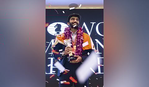 India's D Gukesh during the Closing Ceremony of the FIDE World Chess Championship 2024, in Singapore