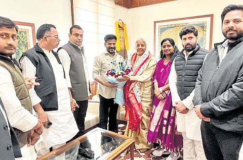 Chief Minister A Revanth Reddy greets Union Finance Minister Nirmala Sitharaman 
in New Delhi on Friday