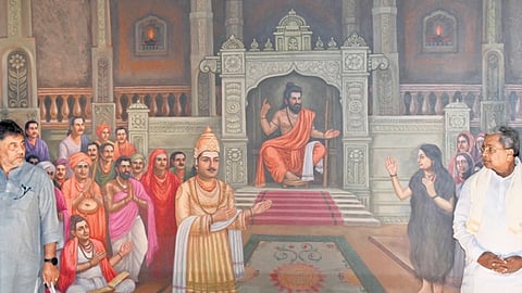 CM Siddaramaiah, DCM DK Shivakumar, Assembly Speaker UT Khader, Council Chairman Basavaraj Horatti, LoP R Ashoka and others with the painting