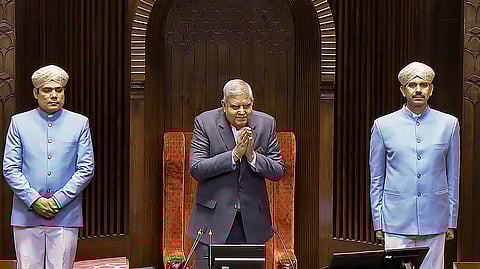 Rajya Sabha Chairman Jagdeep Dhankhar upon his arrival to conduct proceedings in the House during the Winter session of Parliament, in New Delhi