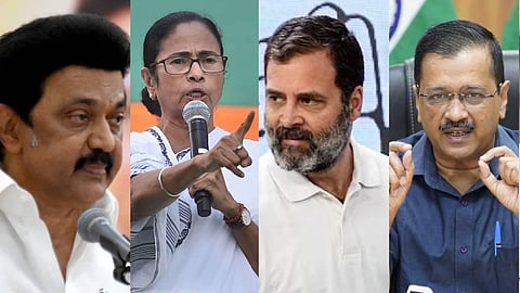 (From L to R) A collage of Tamil Nadu CM MK Stalin, West Bengal CM Mamata Banerjee, Congress leader Rahul Gandhi, Delhi CM Arvind Kejriwal