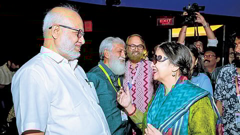 Actor Shabana Azmi with former minister M A Baby after being felicitated at the IFFK on Saturday