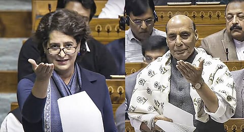 Congress MP Priyanka Gandhi Vadra (L) and Union defence minister Rajnath Singh (R).