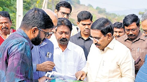 Minister Narayana inspected the proposed routes in Mangalagiri, Navuluru, and Errabalem, and reviewed the ongoing Vijayawada West Bypass work passing through the capital region.