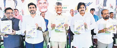 Chief Minister N Chandrababu Naidu, Deputy CM Pawan Kalyan and other ministers unveil Swarna Andhra @2047 document at the IGMC Stadium in Vijayawada on Friday 