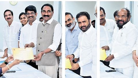 Beeda Masthan Rao and Sana Sathish Babu of TDP, and Ryaga Krishnaiah of BJP receive the certificate of election from the Returning Officer after being elected to the Rajya Sabha unopposed on Friday 
