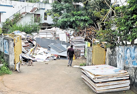 The seized hoardings piled up on the Corporation Advertising Licence office premises near Attukal 