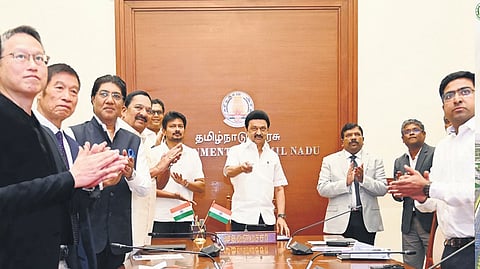 Stalin virtually laying the foundation stone for Rs 1,500 crore non-leather footwear manufacturing facility developed by Hong Fu Industrial Group 