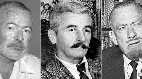 This combination of photos show authors Ernest Hemingway in 1950, left, William Faulkner in 1950, center, and John Steinbeck in 1962. 