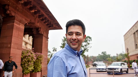 AAP's Rajya Sabha MP Raghav Chadha arrives at the Parliament complex in New Delhi.
