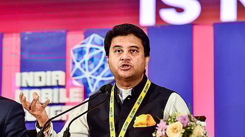 Union Minister for Communications Jyotiraditya Scindia addresses a press conference in New Delhi.