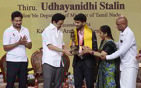 Tamil Nadu Chief Minister MK Stalin felicitates World Chess Champion Gukesh Dommaraju 