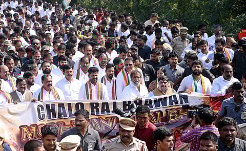  Chief Minister A Revanth Reddy, Telangana Pradesh Congress Committee (TPCC) B Mahesh Kumar Goud and other Ministers take part in ‘Chalo Raj Bhavan’ rally from Indira Gandhi statue on Necklace Road to Raj Bhavan in Hyderabad on the Manipur and Adani issues.