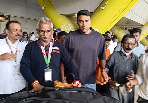 Cricketer Ravichandran Ashwin upon his arrival at the Chennai Airport on Thursday.